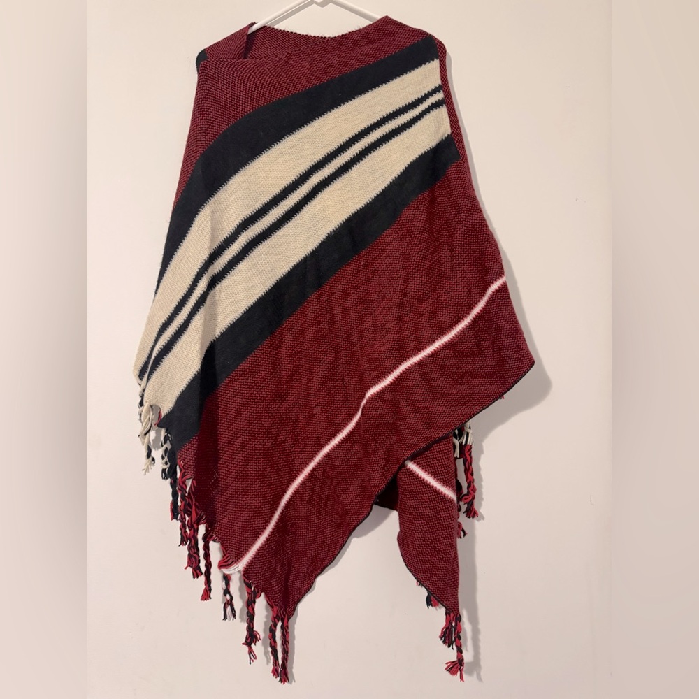 Janice Apparel Red & Black Poncho w/ Multicolor Stripes & Tassel Trim